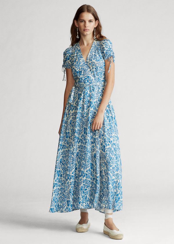 Vestidos Polo Ralph Lauren Mujer Blancos / Azules - Floral Crepe Wrap - FELYQ7082